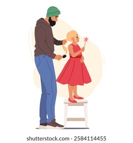 Hipster father preparing pretty daughter for birthday holiday celebration making hairstyle to little princess cartoon scene. Happy family, fatherhood and kids care routine vector illustration