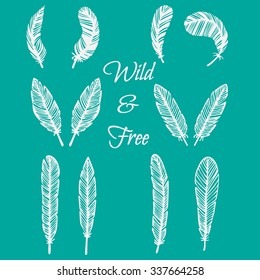 hipster feather elements, vintage doodle outline feather vector