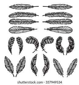 hipster feather elements, vintage doodle outline feather vector