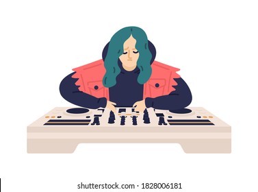 Hipster female DJ with green hair playing electronic music records vector flat illustration. Trendy woman use audio mixers or controller isolated. Disk jockey character at party