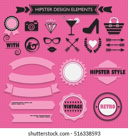 Hipster feminine black silhouette icons and light pink ribbon banners and emblems set on pink dotted pattern background
