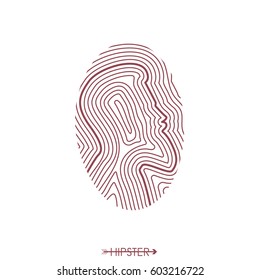 Hipster fingerprint. Hair and beard. Simple design for logo, silhouette. Vector illustration.