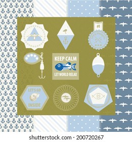 Hipster fishing design elements labels and patterns