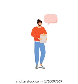 Hipster flat color vector faceless character. Male consultant with clipboard. Salesman and assistant. Person with speech bubble isolated cartoon illustration for web graphic design and animation - Powered by Shutterstock - Get 15% off with code: PIKWIZARD15