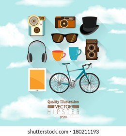 Hipster Flat Vector Icon Set : Bicycle, Vintage, Camera, Hat, Sunglasses, Tablet.
