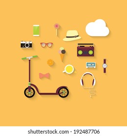 Hipster Flat Vector Icon Set.