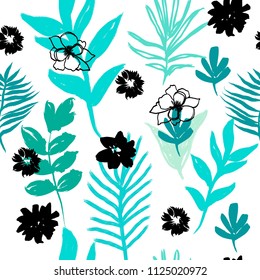 Hipster Floral Print with Palm Leaves and Black Flowers .Vector Painting Illustration for Surface , Invitation , Notebook, Banner , Wrap Paper ,Textiles, Cover, Magazine,Phone Cover