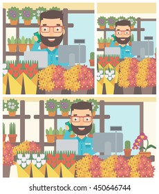 Una hipster florista con barba, teléfono y ordenador portátil para tomar las órdenes. Una florista parada detrás del mostrador de la floristería. Ilustración de diseño plana vectorial. Diseño cuadrado, horizontal, vertical.