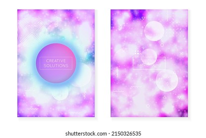 Hipster Fluid. Lebhafte Punkte. Violet Shiny Texture. Holografische Form. Ultraviolettkomposition im Weltraum. Runder Bildschirm. Modernes Design. Einflieger. Blaues Hipster-Fluid