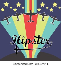 Hipster and flying airplane on night and star background