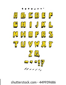 Hipster font, typeface, typography, typewriter, poster, type, text, sans serif. Black and yellow letters on white background.