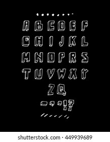 Hipster font, typeface, typography, typewriter, poster, type, text, sans serif. White letters on black background.