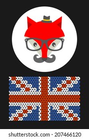 Hipster fox with the flag of Grait Britain. Vector illustration.