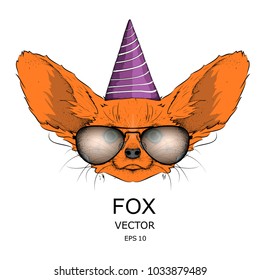 Hipster fox in Happy Birthday's cap. Vector illustration