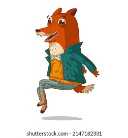 Hipster fox, jumping with joy, isolated vector illustration. Happy humanized fox. Trendy dressed anthropomorphic fox, hovering in a jump. An animal character with a human body