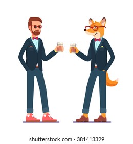 Hipster fox and man standing in their fancy suits and drinking coffee. Flat style modern vector illustration.