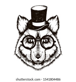 Hipster Fox Muzzle Wearing Top Hat and Hipster Glasses Vector Hand Drawn Illustration. Artistic Black and White Animal Design
