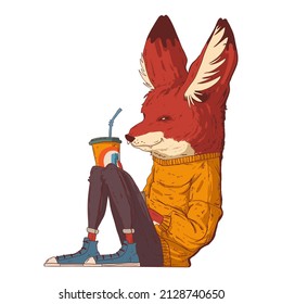 A hipster fox, vector illustration. Calm anthropomorphic trendy dressed fennec sits leaning on the wall, holding a cup of soda. Humanized urban fox guy. An animal character with a human body.