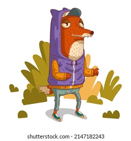 A hipster fox, vector illustration. Calm casually dressed anthropomorphic fox, standing still among the bushes and pointing at something with finger. An animal character with a human body