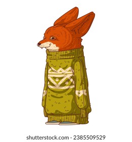 Hipster fox, vector illustration. A calm anthropomorphic fennec, fashionably dressed in a long sweatshirt. Humanized urban fox. Animal character with human body	