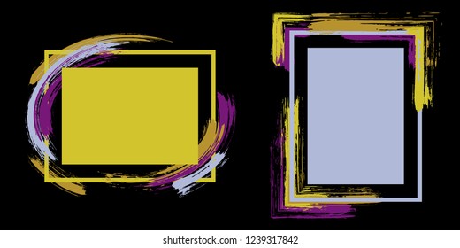 Hipster frames with paint brush strokes vector set. Box borders with painted brushstrokes on black. Advertising graphics design flat frame templates for banners, flyers, posters, cards.