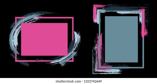 Hipster frames with paint brush strokes vector collection. Box borders with painted brushstrokes on black. Advertising graphics design flat frame templates for banners, flyers, posters, cards.