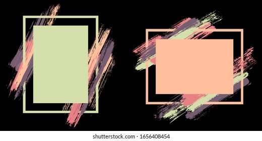 Hipster frames with paint brush strokes vector set. Box borders with painted brushstrokes on black. Educational graphics design empty frame templates for banners, flyers, posters, cards.