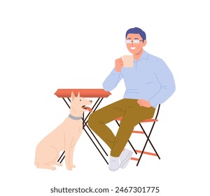 Hipster freelance man cartoon character with dog visiting cafe for snacking and hanging out