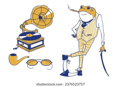 Hipster frog animal vector art illustration, frog gentleman, stylishly dressed, toad gentleman, humanized frog wearing, gentlemen club, retro frog