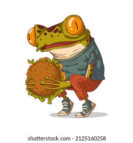 A hipster frog with a burger, vector illustration. Cute anthropomorphic frog sitting on his haunches and admiring delicious hamburger before eating it. An animal character with a human body.