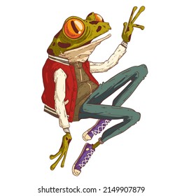 A hipster frog hovering in the jump, isolated vector illustration. Trendy dressed anthropomorphic frog in a jump, reaching up for something with his hand. An animal character with a human body