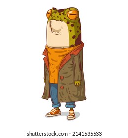 A Hipster Frog, isolated vector illustration. Young arrogant toad in a cloak. Casually dressed anthropomorphic frog. An animal character with a human body. Humanized toad. A city dweller.