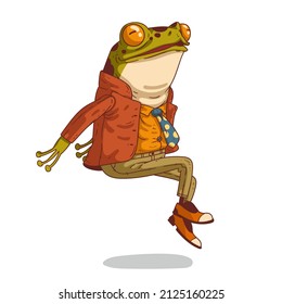 Hipster frog, jumping with joy, isolated vector illustration. Happy humanized toad. Trendy dressed anthropomorphic frog, floating in a jump. An animal character with a human body.