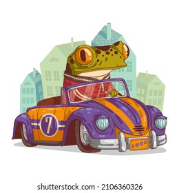 A hipster frog in retro car. Vector illustration. Anthropomorphic frog. Cartoon humanized frog riding vintage racing car against town buildings. Animal character with human body. Furry