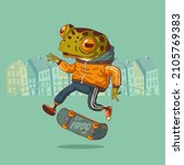Hipster frog skateboarder. Vector illustration. Trendy dressed anthropomorphic frog, doing stunts on his skateboard against buildings' silhouettes. Animal character with human body. Furry skater