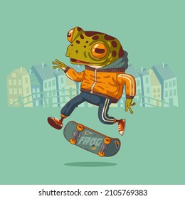 Hipster frog skateboarder. Vector illustration. Trendy dressed anthropomorphic frog, doing stunts on his skateboard against buildings' silhouettes. Animal character with human body. Furry skater