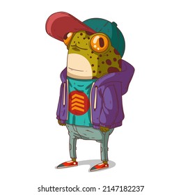 A hipster froglet, isolated vector illustration. Cool anthropomorphic frog guy wearing a casual outfit. Cartoon illustration of cute trendy dressed teenage toad. An animal character with a human body