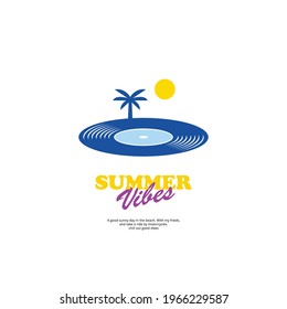 Hipster Fun Summer vibes logo, icon, sign, poster, shirt design concept with sun, coconut palm tree, and vinyl records vector illustration