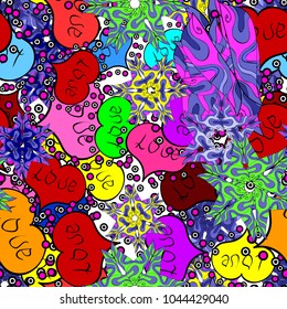 Hipster funky painted style texture on black, violet and red colors. Poster with different doodle letters. Valentine':s day print, seamless hand craft expressive ink typography pattern. Vector. Love.
