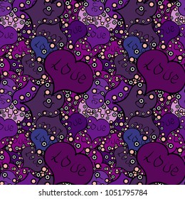 Hipster funky painted style texture on purple, black and pink colors. Love. Vector. Valentine':s day print, seamless pattern. Poster with different doodle letters for textiles or t-shirt design sample