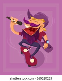 Hipster funny character rides a skateboard and sing into microphone. Vector. Motion.