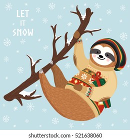 Hipster funny sloth hanging on the tree and holding gift box. Cute baby sloth dressed up in winter style. Hand drawn Christmas animal illustration. Let it snow print design. Vector winter forest