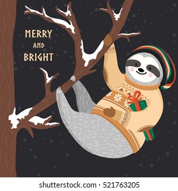 Hipster funny sloth hanging on the tree and holding gift box. Cute baby sloth dressed up in winter style. Adorable Christmas animal. Merry and Bright design. Vector winter forest illustration