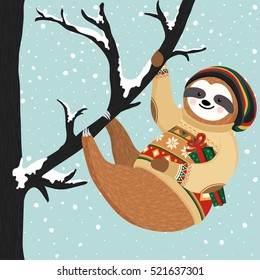 Hipster funny sloth on the tree. Cute baby sloth dressed up in winter style. Adorable Christmas animal. Vector winter forest illustration