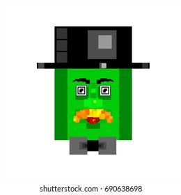 Hipster funny vector illustration with green face painted with Squares. Stylized men with a mustache in hats