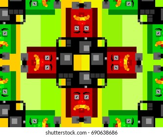 Hipster funny vector pattern with red and green faces painted with Squares. Stylized men with a mustache in hats