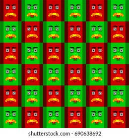 Hipster funny vector pattern with red and green faces painted with Squares. Stylized men with a mustache