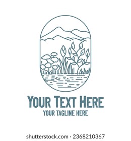 Hipster Garden Lake River Creek with Mountain Hill Landscape Logo Design Vector