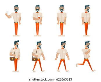 Hipster Geek Hipster Different Poses Mobile Phone Coffee Walk Stand Run Wealthy Cartoon Businessman Character Icons Set Flat Design Vector Illustration