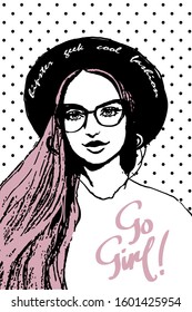 Hipster geek girl face fashion woman portrait t shirt print design hand drawn with text field for sign , vector beautiful illustration . european blond long hair girl model